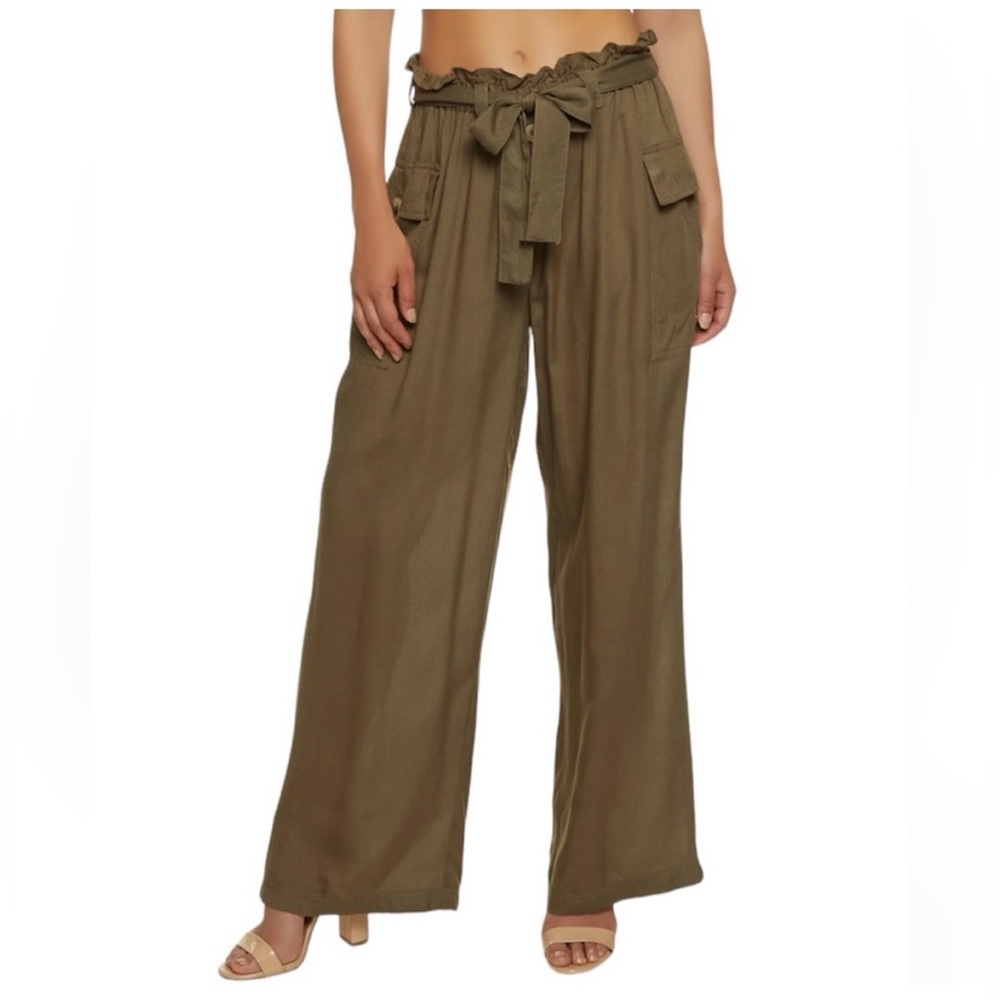 Helium London Olive Green Paper-bag Cargo Rayon Pants Vacation Beach Travel